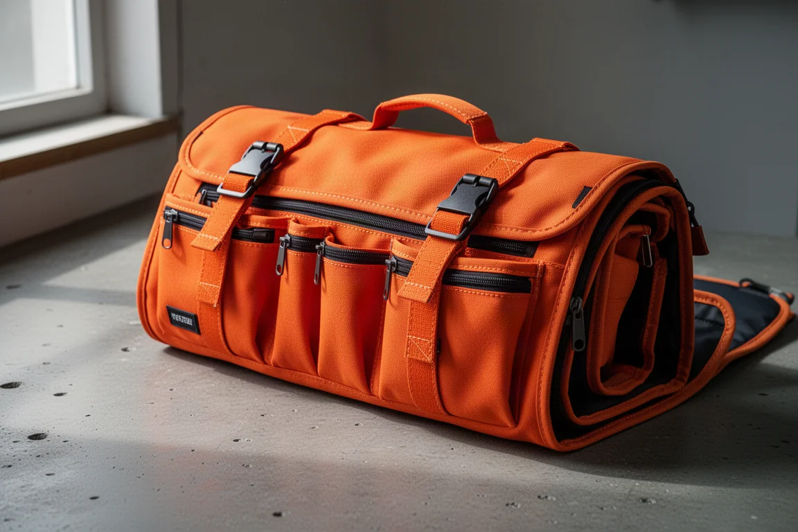 Large brilliant orange tool roll partially open on a concrete workshop surface