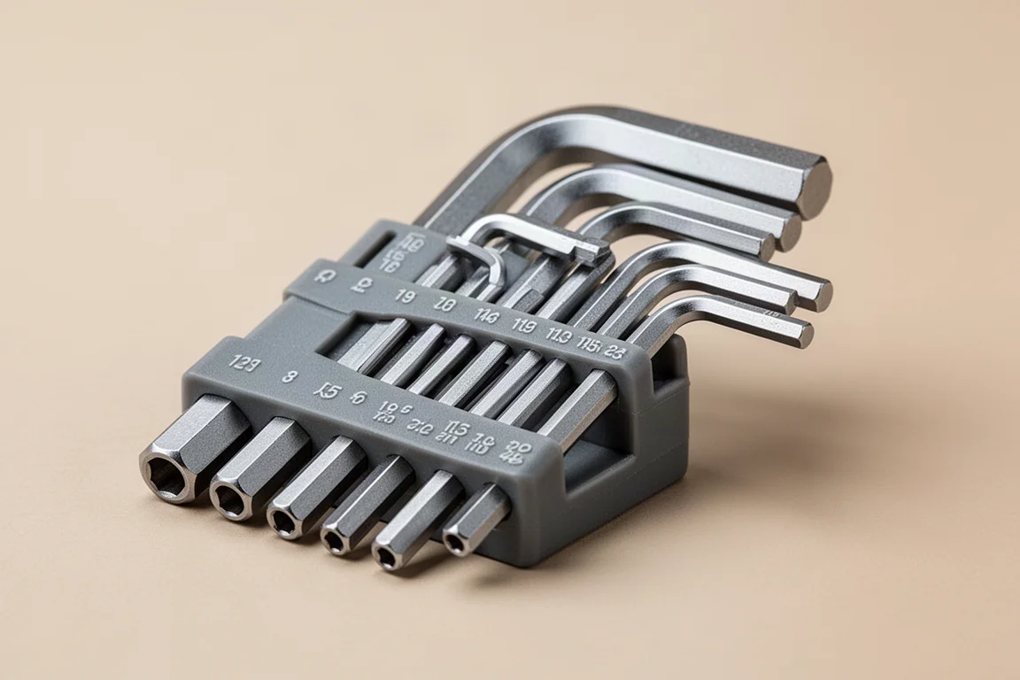 Nine hex L key sets arranged in rows on a matte concrete surface