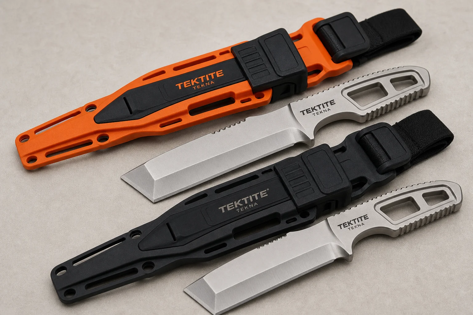 Collection of dive knives and cutting tools on concrete surface