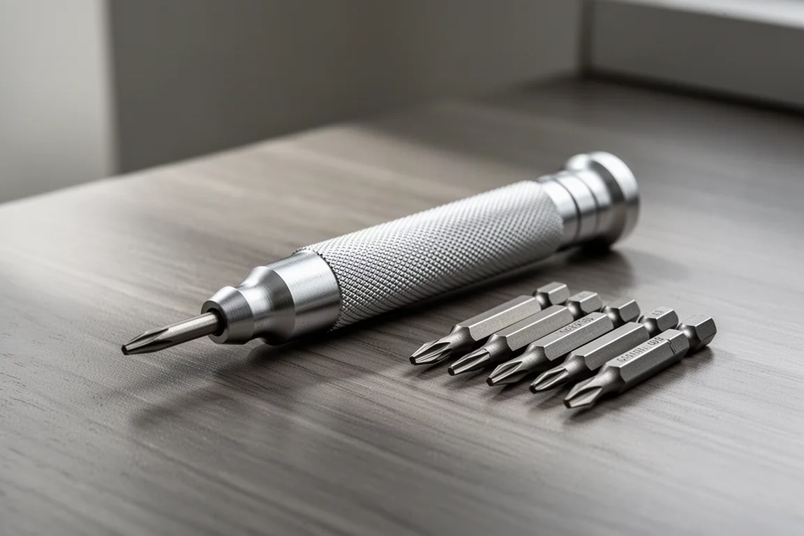 Aluminum precision bit driver handle resting on a desk with bits beside it