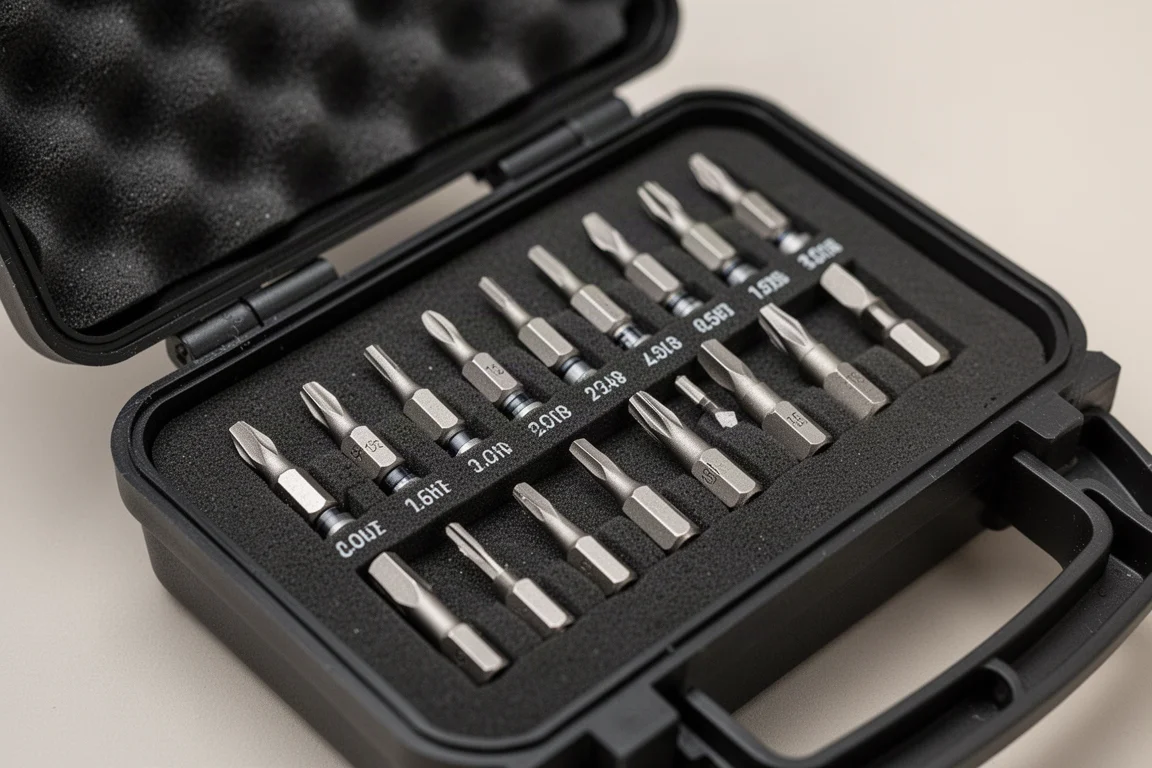 Organized precision bit tray with marked sockets in a tool case