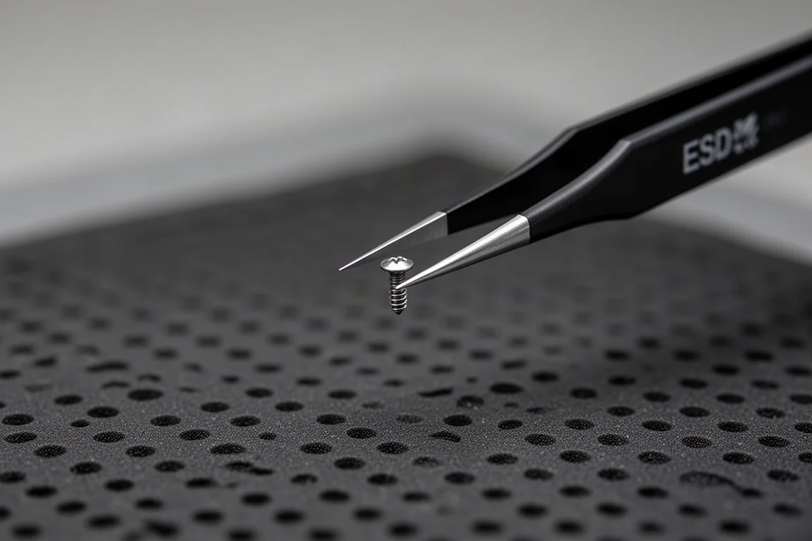 ESD tweezers with fine tips picking up a tiny screw on a work mat