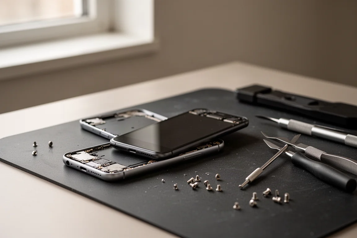 Small electronics repair workspace with a device opened on a mat