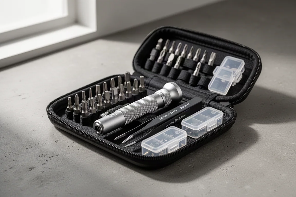Kit di utensili elettronici aperto con zip, punte di precisione, manico in alluminio e pinze sul cemento
