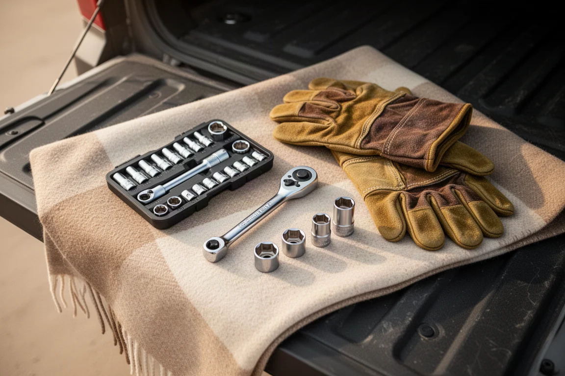 Kit de herramientas para overlanding desplegado con dados compactos sobre la puerta trasera