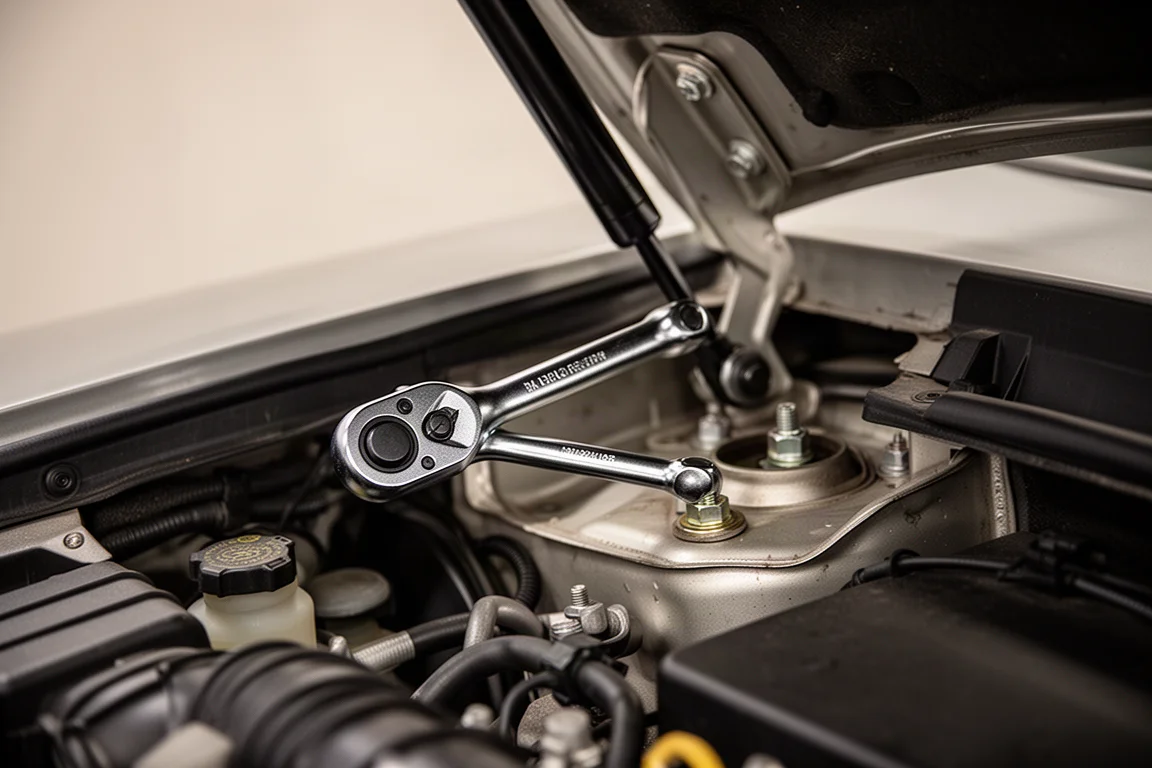 Ratchet con alargador corto girando un perno en un punto estrecho y angulado de un hatchback
