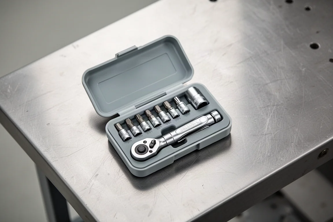 作業台の上に小型ケースへ収めて並べられたコンパクトな工具キット
