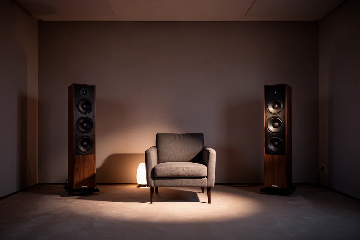Sala de escucha en penumbra al atardecer con dos altavoces de torre flanqueando un sillón individual