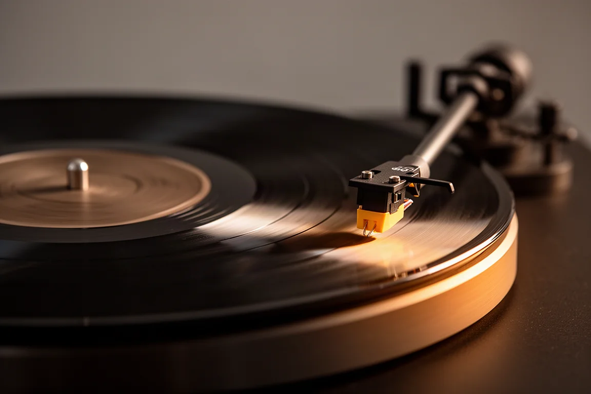 Primer plano de un disco de vinilo girando en un tocadiscos bajo una luz cálida