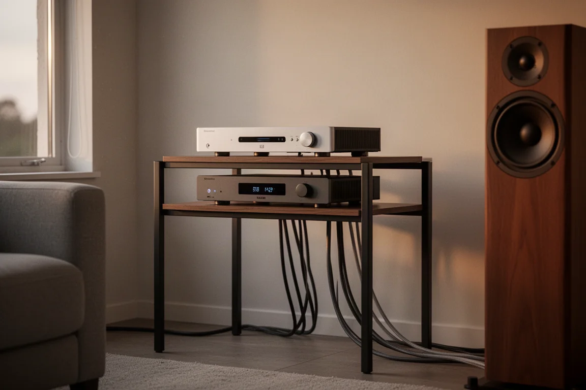 Rack de audio minimalista con una etapa de potencia y un streamer en un salón con luz cálida