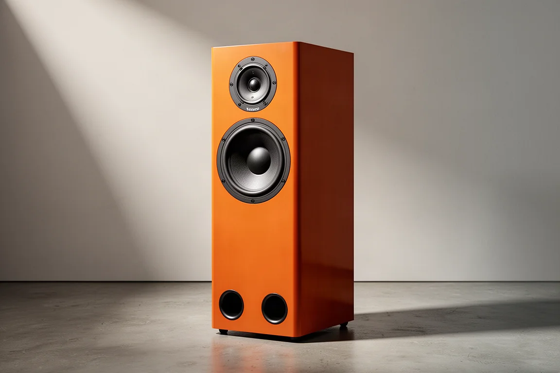 Tall orange floorstanding loudspeaker with 10-inch woofer on a concrete floor against a grey backdrop