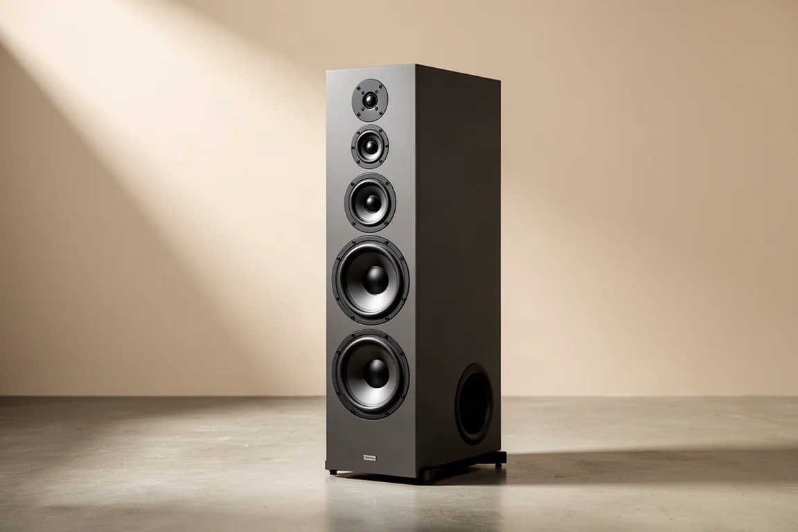 Tall floorstanding loudspeaker with five tweeters and two woofers on a concrete floor