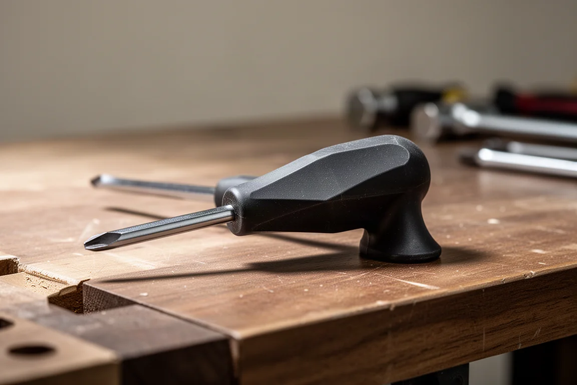 Close-up of a tri-lobed screwdriver handle resting on a wooden workbench