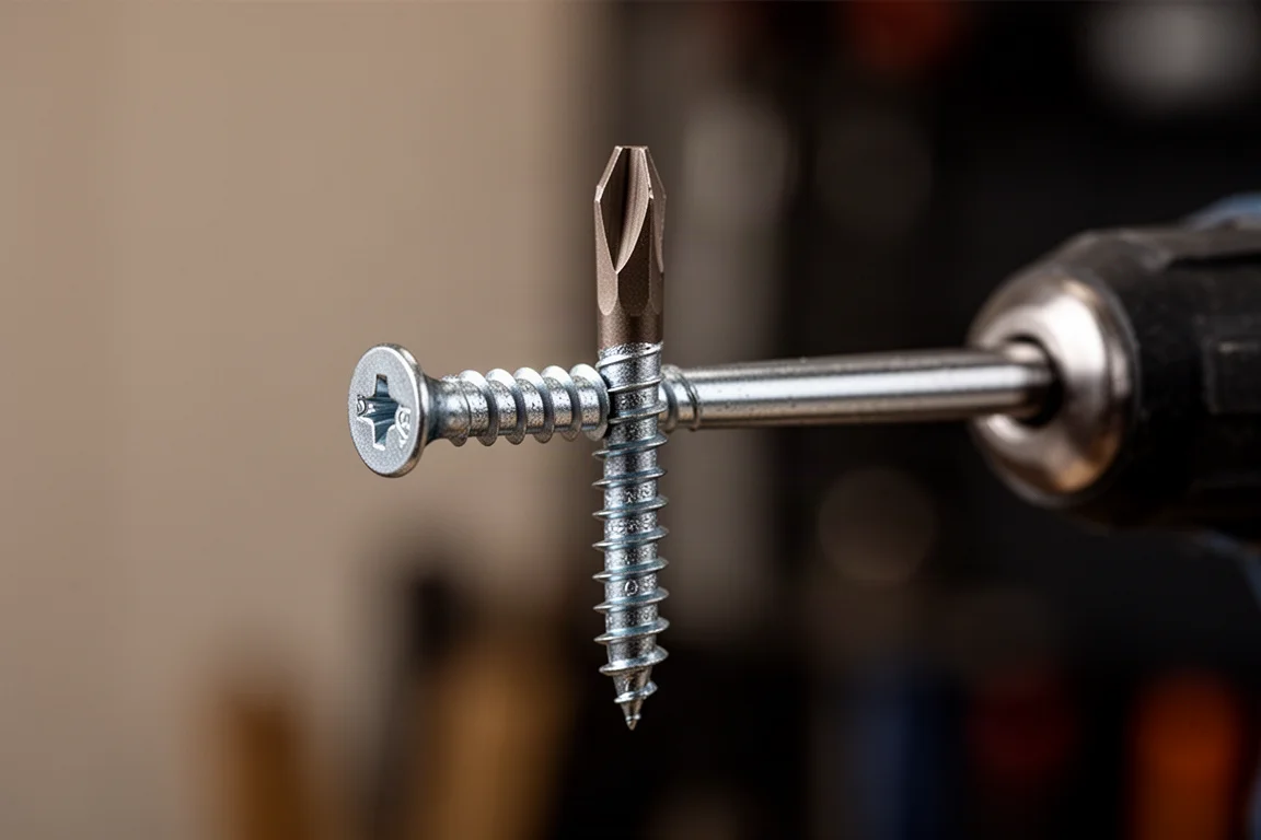 Screwdriver tip holding a T25 deck screw suspended in the air