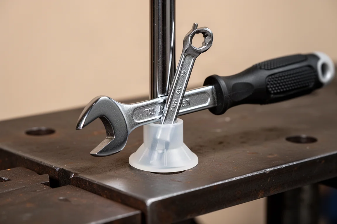 Open-end wrench slipped over the flared base of a screwdriver handle
