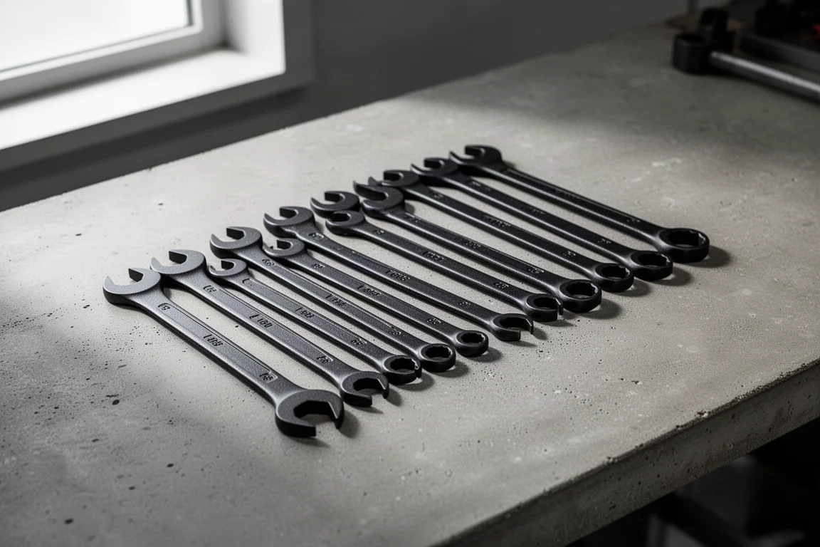 Thirteen short-handled black oxide service wrenches fanned out on a concrete workbench