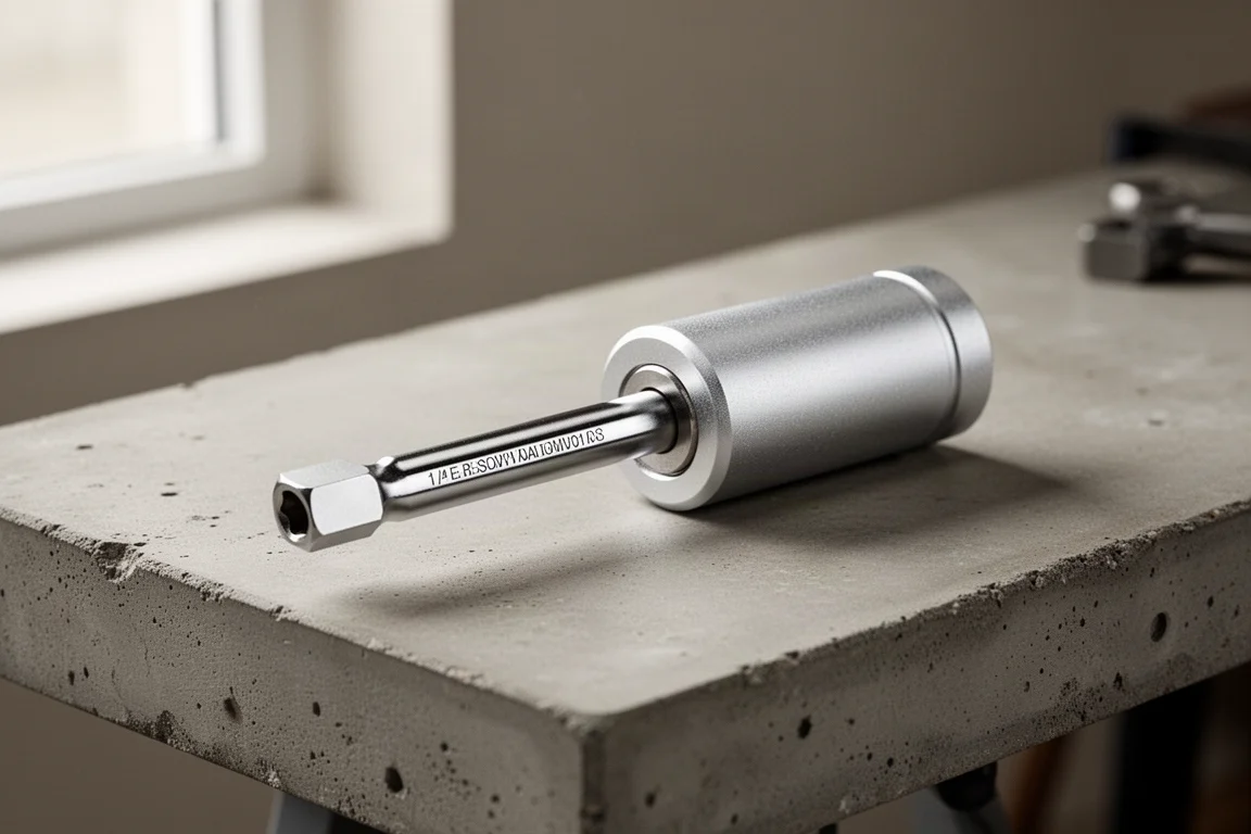 Compact anodized aluminum 1/4-inch drive handle on a concrete workbench