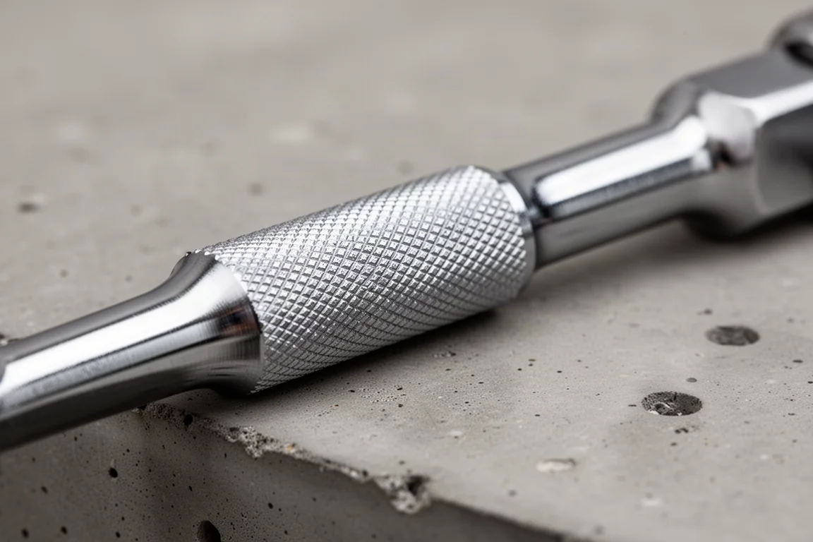 Close-up of knurled chrome steel tool shaft on a workshop bench