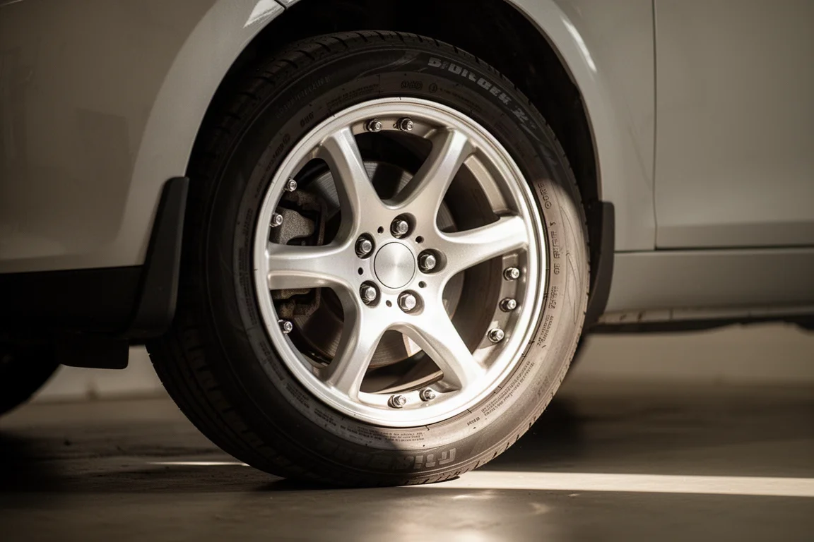 Car wheel with lug nuts visible in soft garage lighting