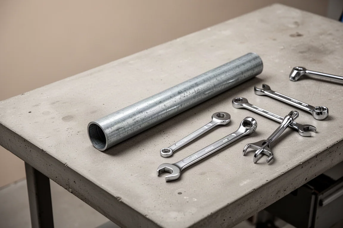 Metal conduit pipe segment on a workbench next to hand tools