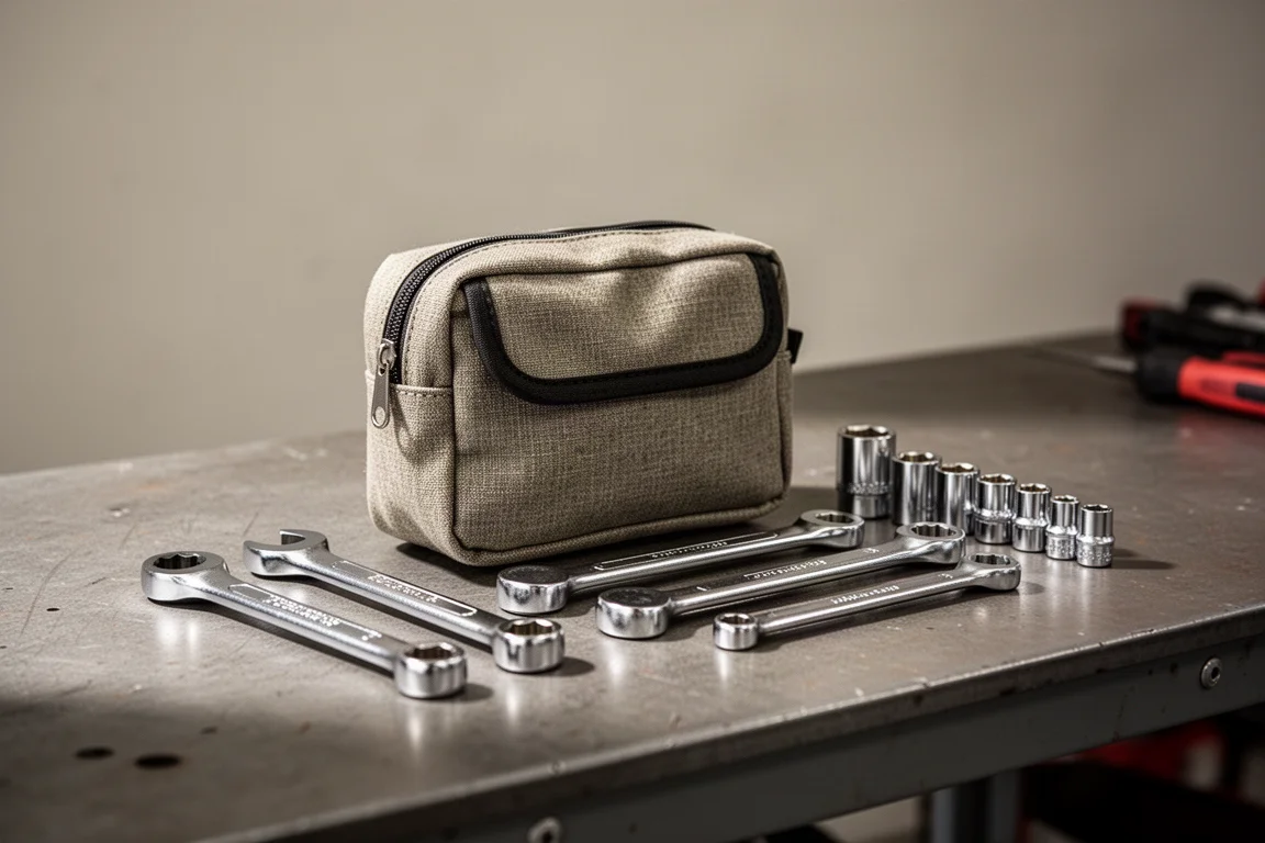 Small tool pouch on a garage workbench with compact hand tools laid out