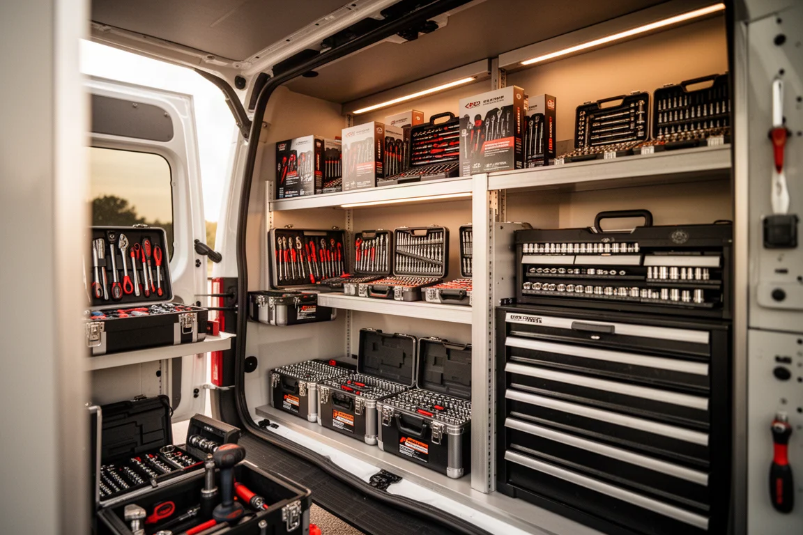 Ein gut organisiertes Tool-Truck-Regal, bestückt mit Handwerkzeug und Ordnern