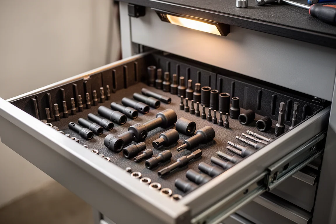 Open top drawer of a tool cabinet showing organized sockets and extensions
