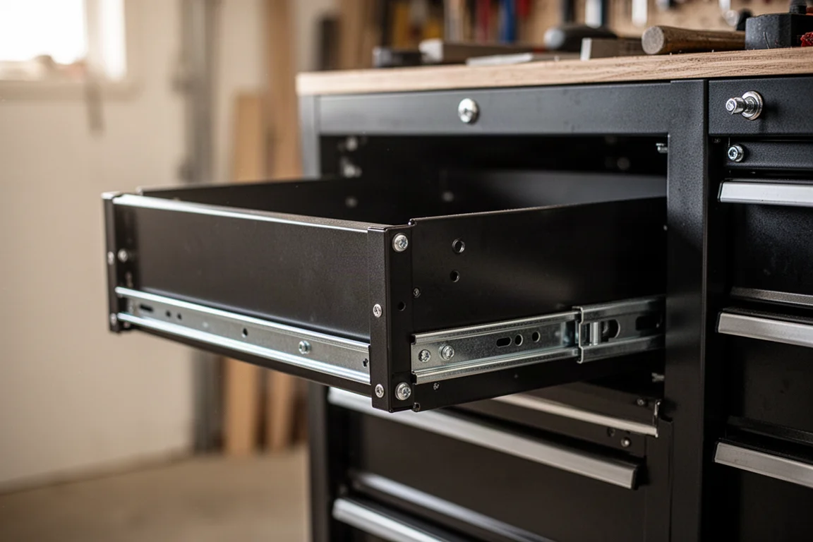 Drawer carriage mechanism removed from a rolling tool cabinet rails