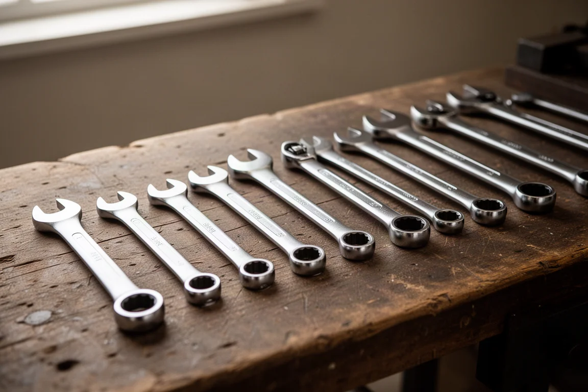 Assorted wrenches and ratcheting wrenches laid out on a wooden workbench