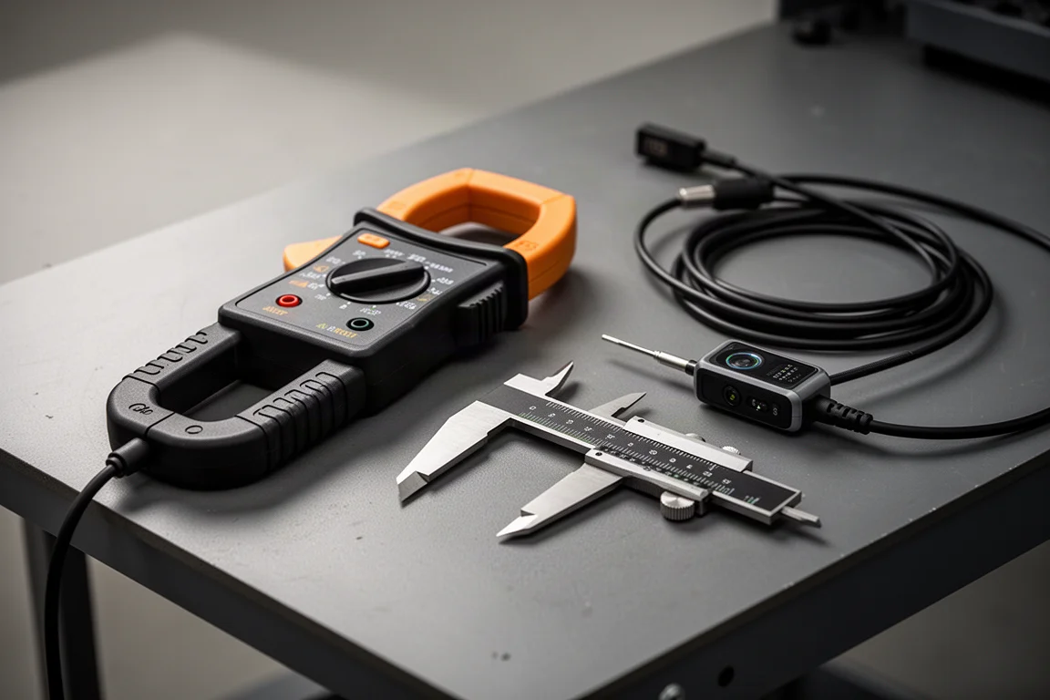 Clamp meter and diagnostic test equipment on a workshop bench