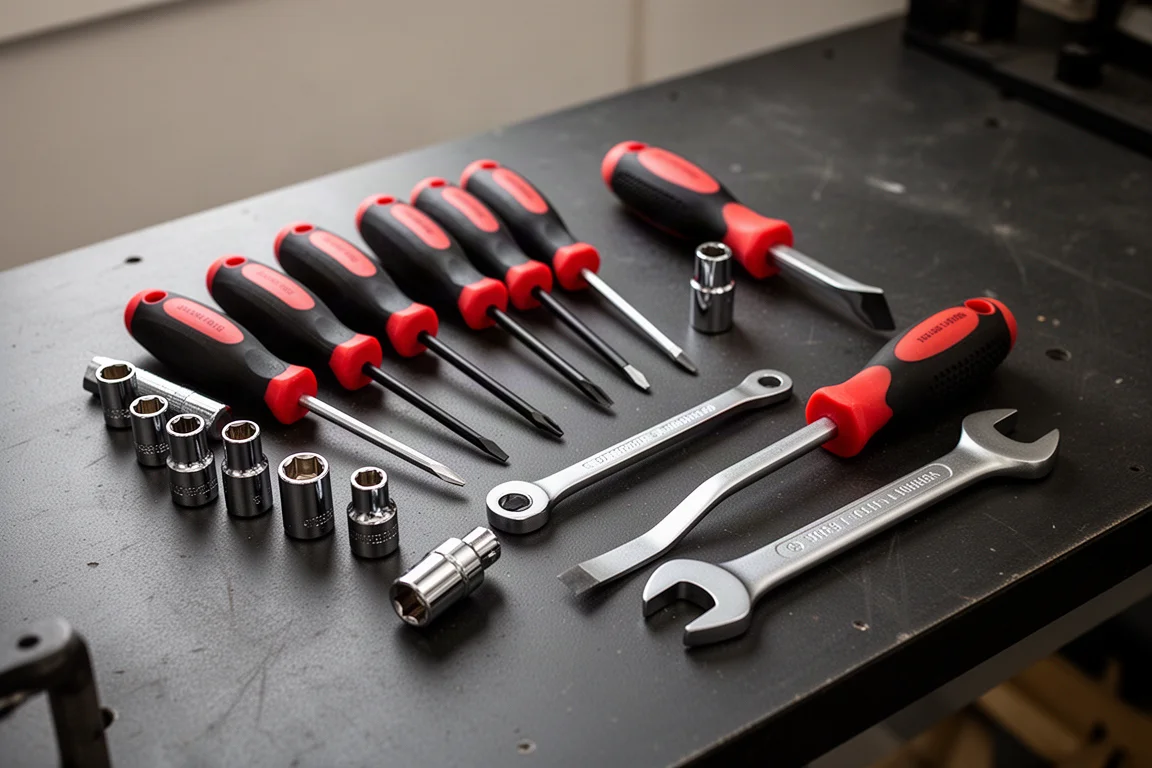 Assortment of Tekton hand tools including screwdrivers, sockets, pry bars, and a wrench on a workshop bench