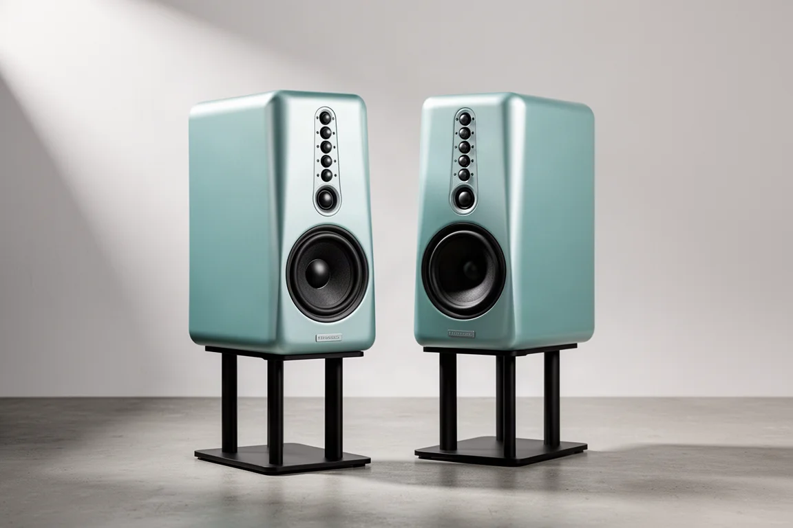 Pair of seafoam green-blue stand-mount hi-fi speakers on slim black stands