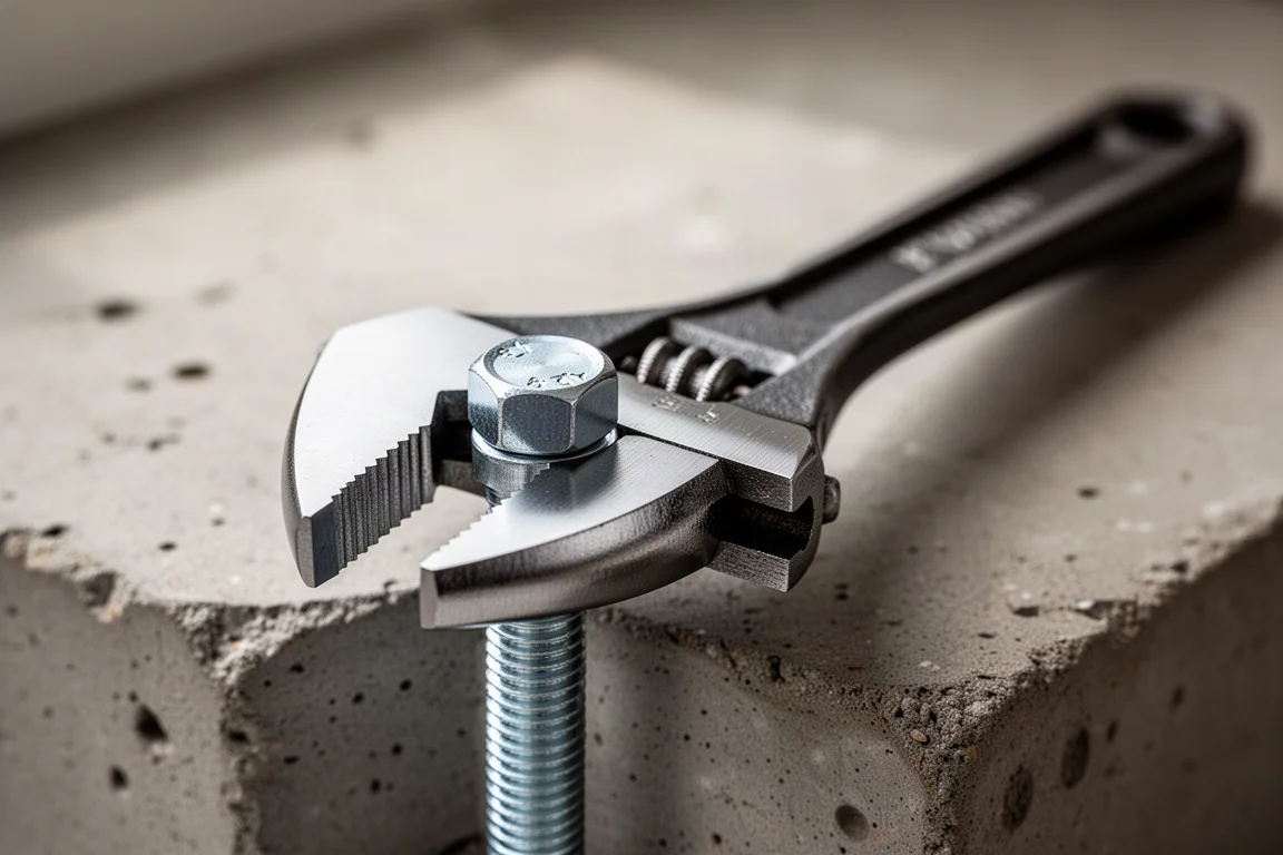 Close-up of the jaw of an adjustable wrench gripping a bolt head on a workbench