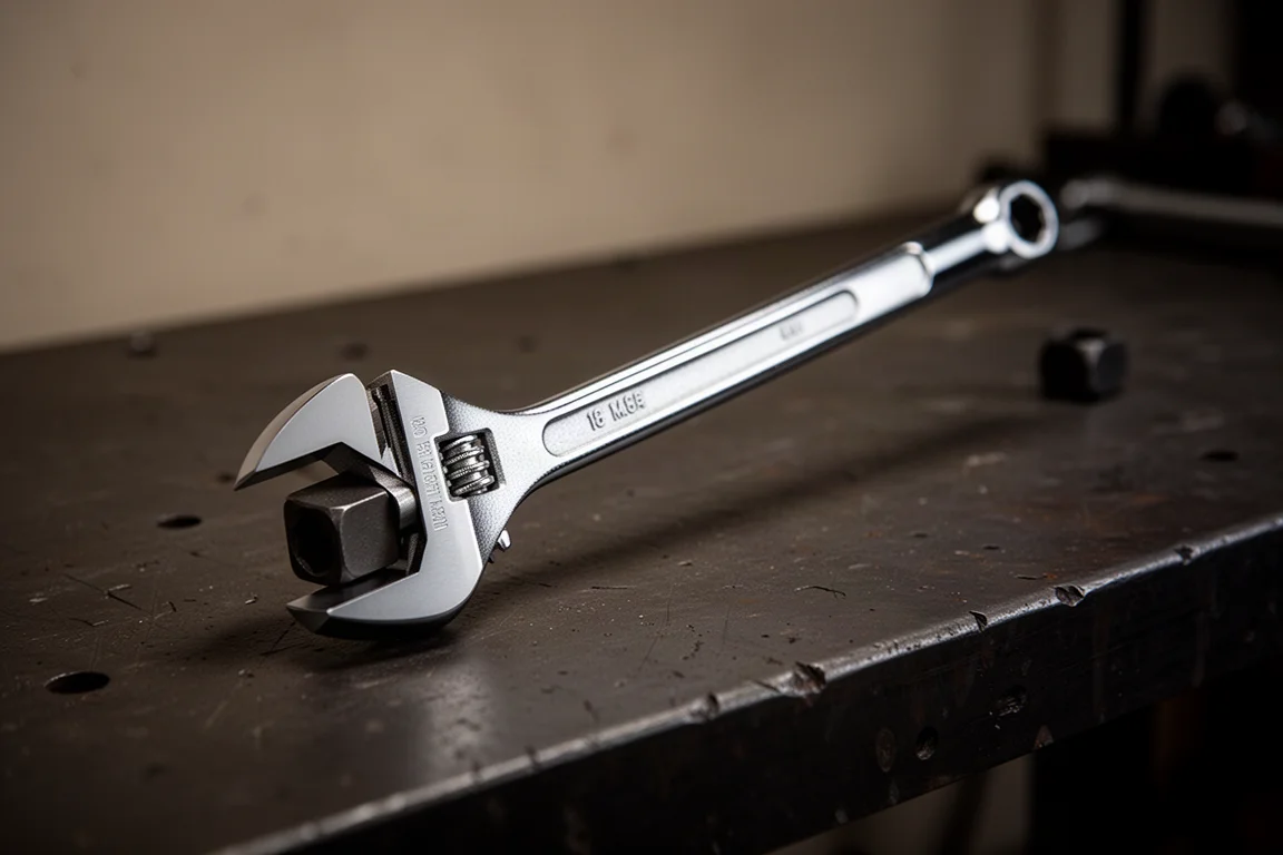 Adjustable wrench mounted on a long breaker bar on a workshop workbench