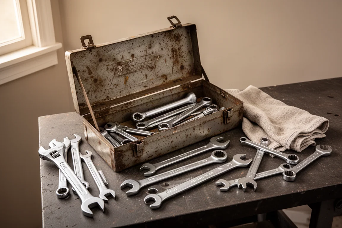Open toolbox with assorted wrenches arranged on a workbench