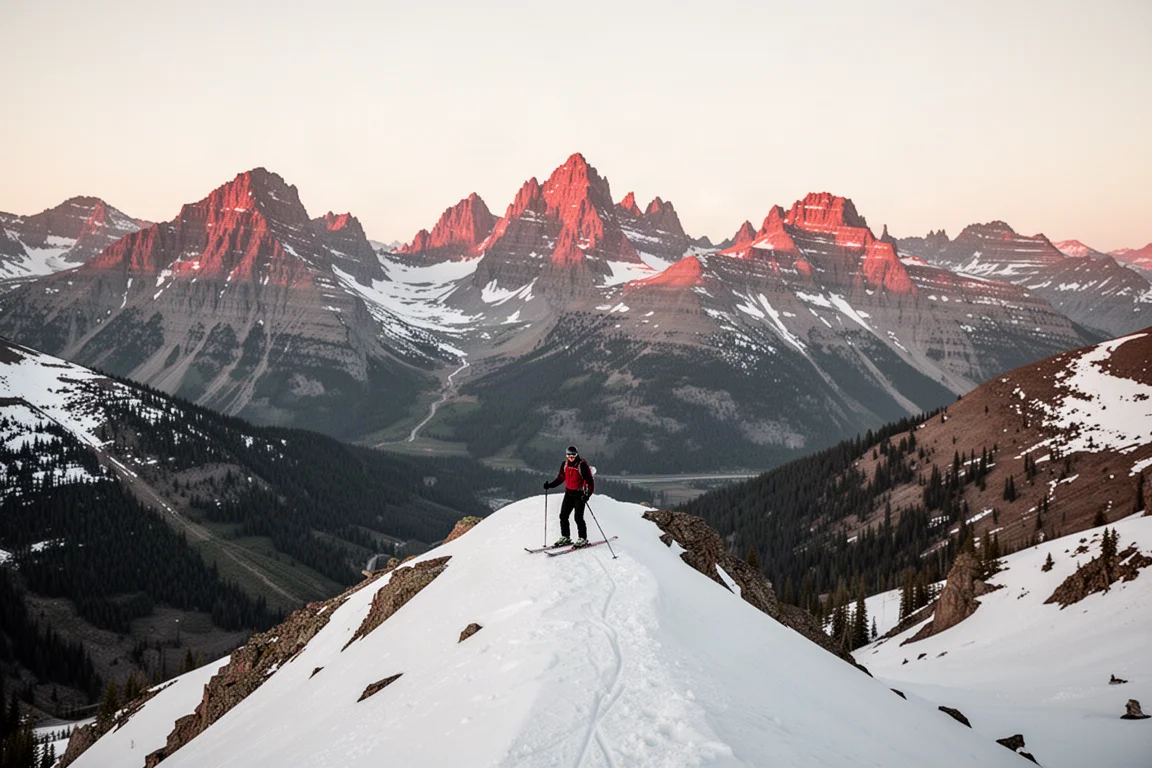 Sciatore che guarda le cime alpine dai toni rossi nel terrain elevato di Telluride