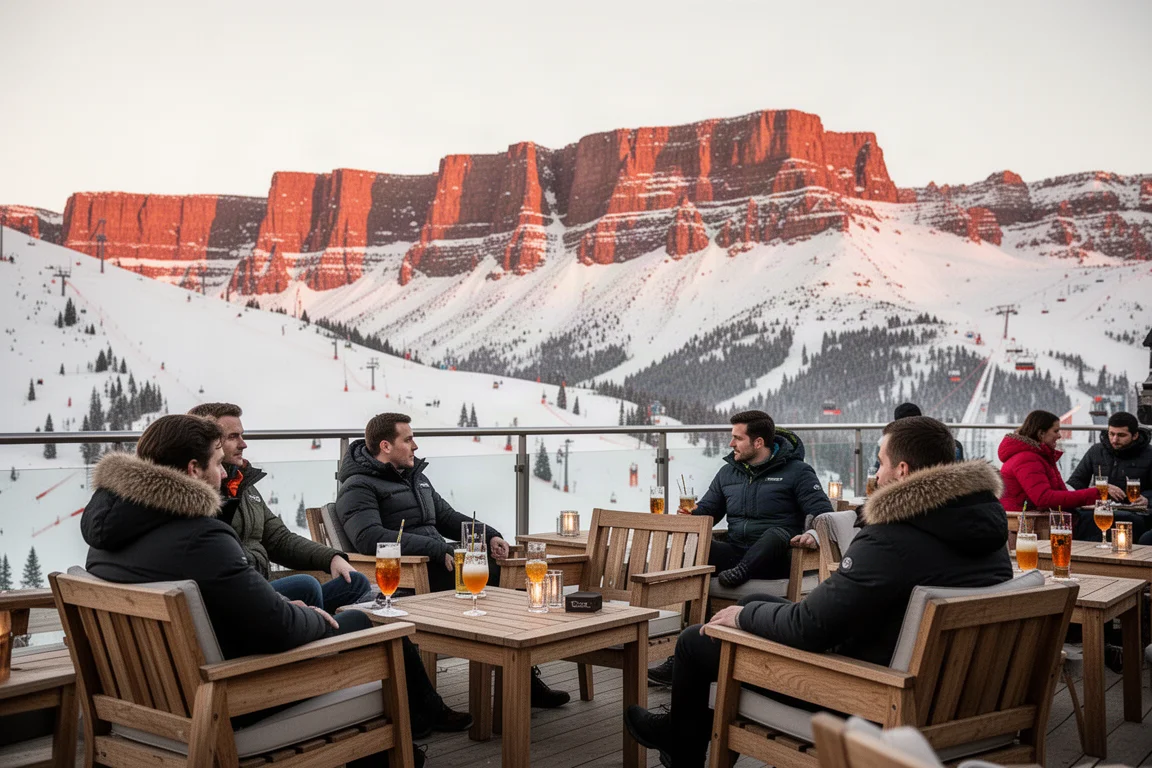 Terrazza après-ski con sedute all'aperto che domina le piste innevate