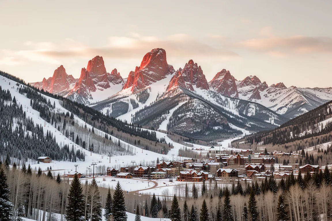 Vista panoramica invernale di Telluride con cime montuose rosse sopra la città storica