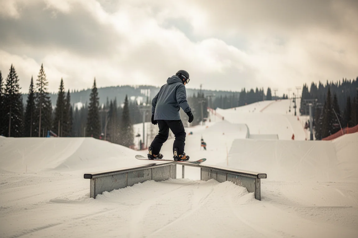 Snowboarder nähert sich auf weich präparierter Piste einer Park-Rail