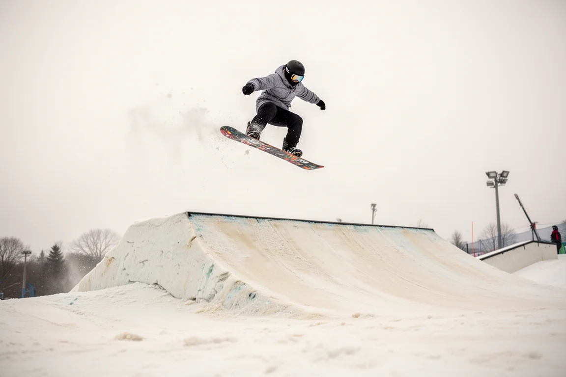 Snowboarder in der Luft über einem mittleren Park-Jump