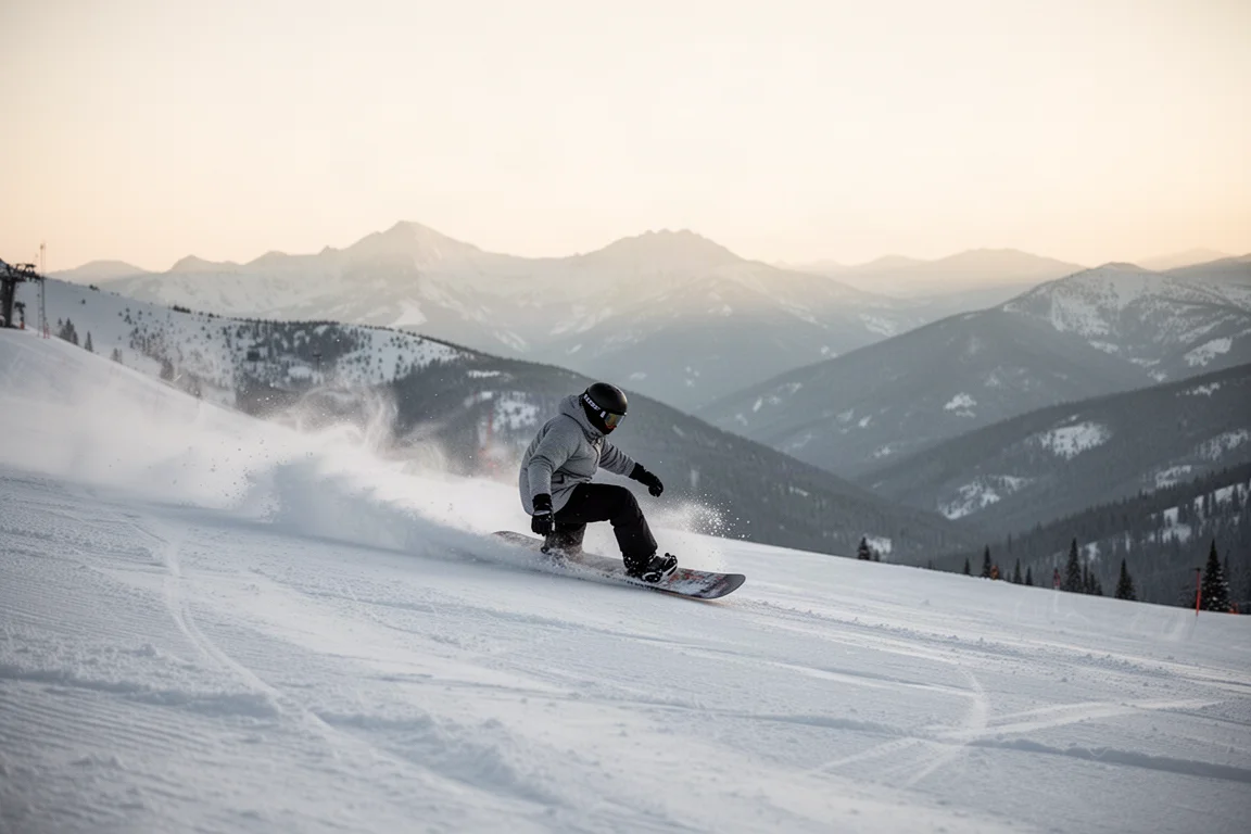 Snowboarder carve bei weichem Nachmittagslicht einen offenen Hang hinab