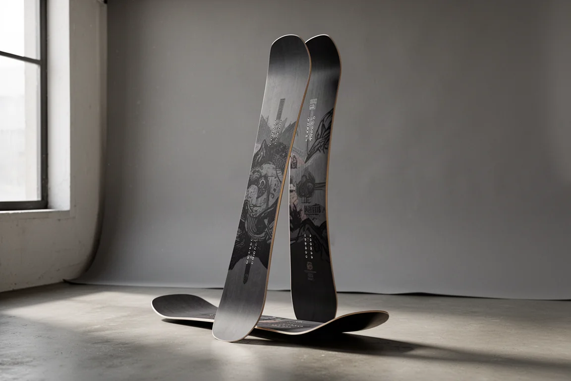 Telos Adit Snowboard aufrecht stehend vor grauem Studiokulissen-Hintergrund