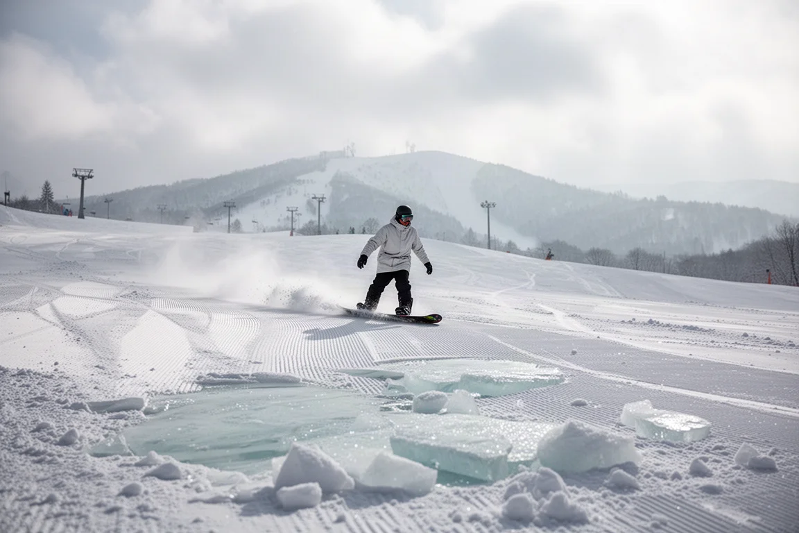 雪板客在結冰與碎雪交雜的壓雪道上滑行
