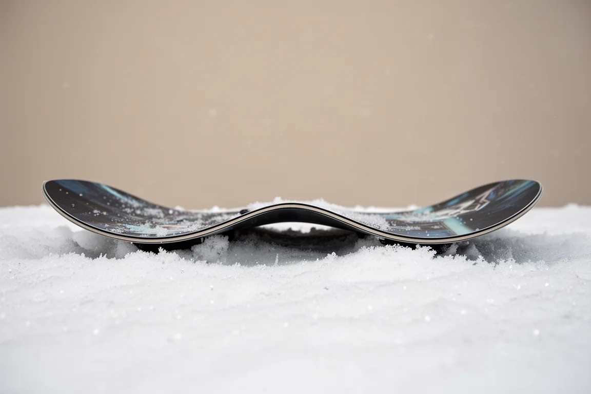 雪板側面特寫,呈現壓雪板頭與板尾的反弓弧度