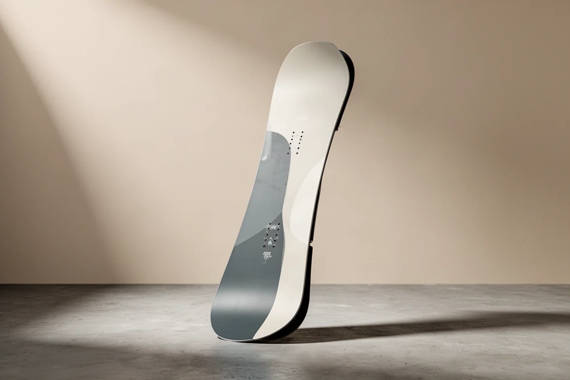 Soft-flex freestyle snowboard standing upright on a matte concrete surface