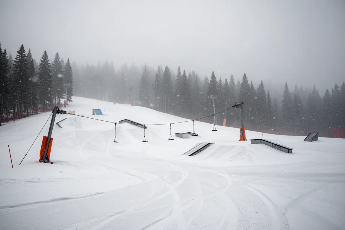 Piccolo snowpark con skilift e jib bassi sotto la neve che cade