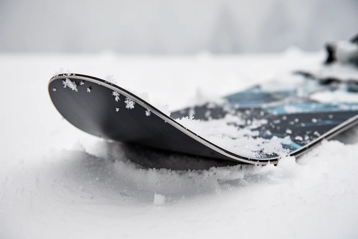 Primo piano della punta di uno snowboard su neve battuta che mostra la curva del rocker e il dettaglio del bordo