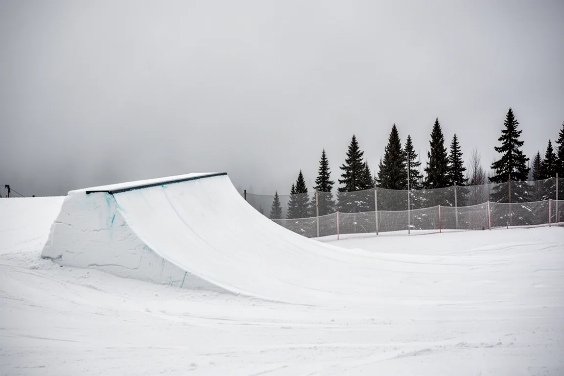 Kicker del snowpark battuto visto di lato con luce piatta e coperta