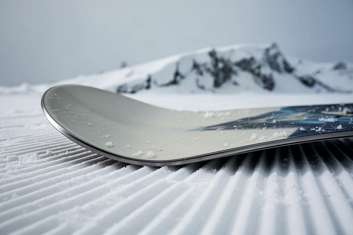 Base dello snowboard e bordo in acciaio contro neve battuta compatta con cresta sullo sfondo