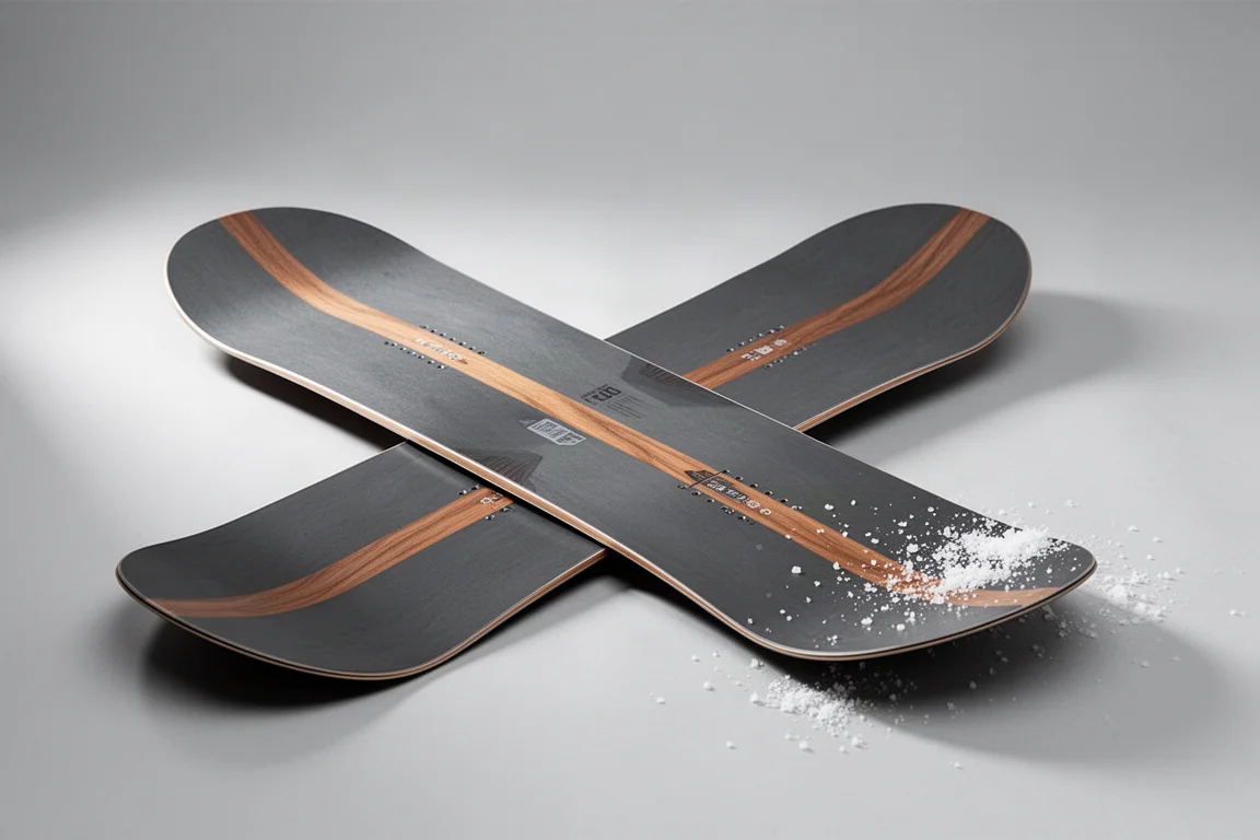 Park snowboard with matte charcoal topsheet standing on a light grey seamless backdrop